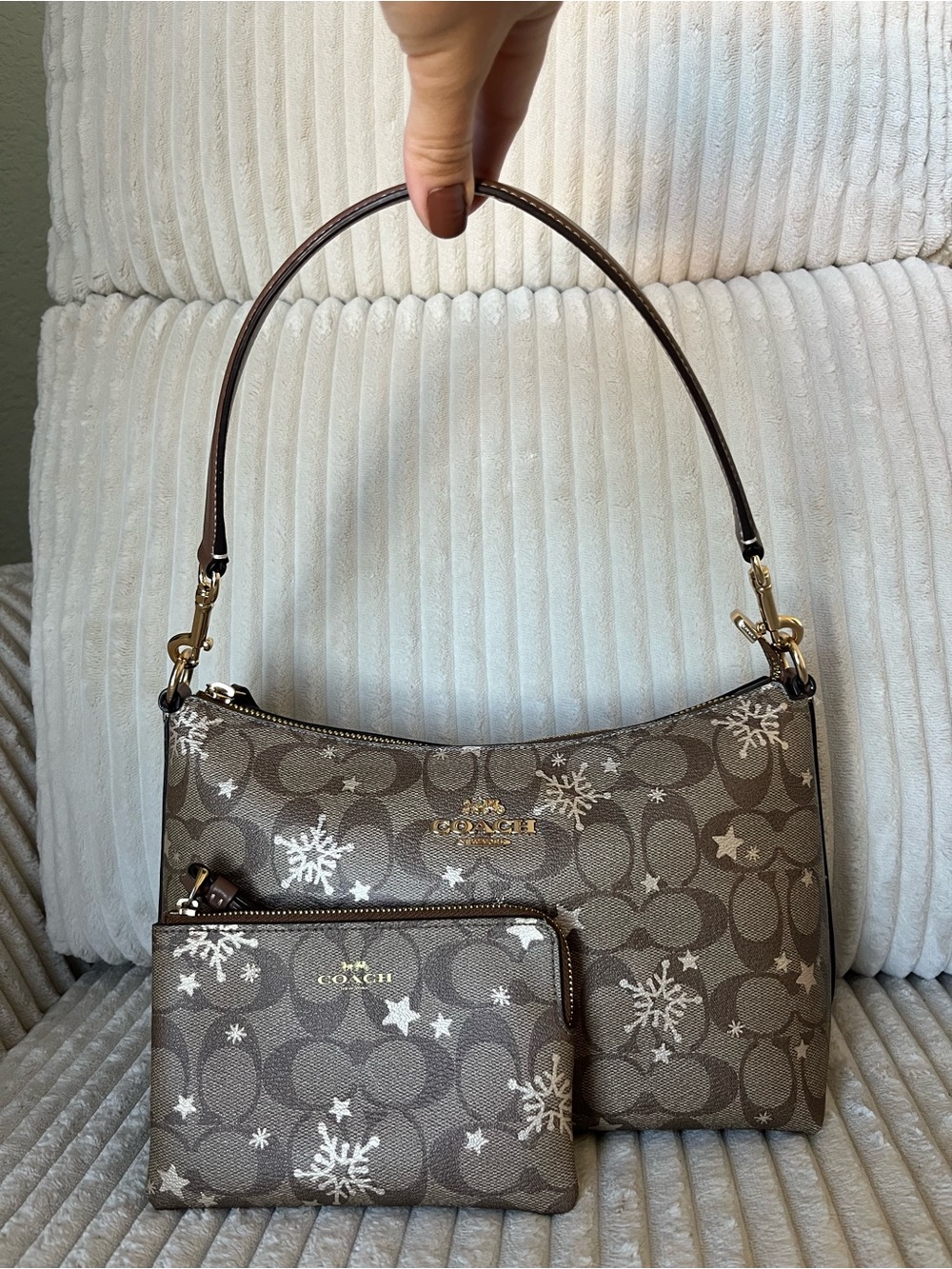 Coach Brown Signature Snowflake Print Shoulder Bag with Wristlet